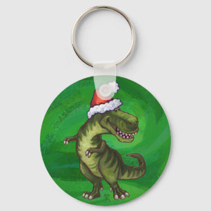TRex in Santa Hat on Green Keychain