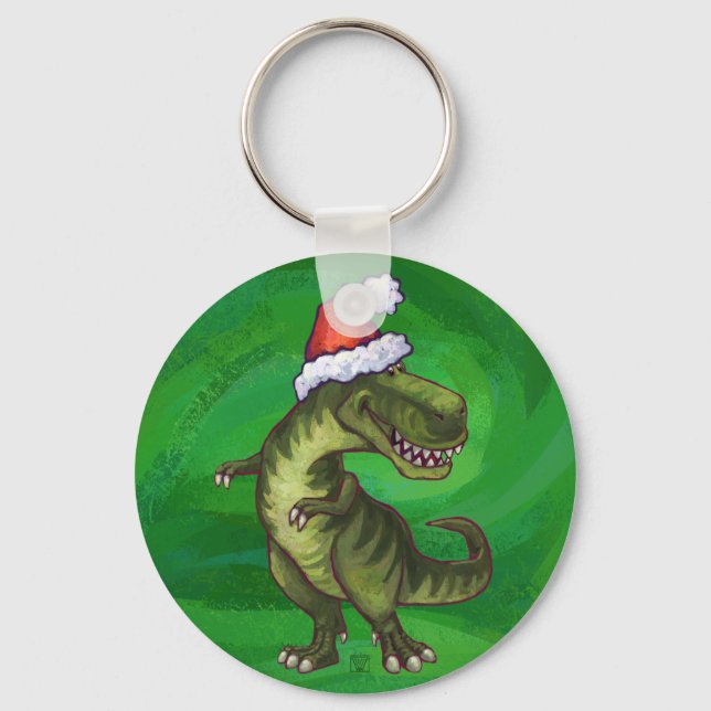 TRex in Santa Hat on Green Keychain (Front)