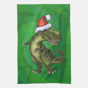 TRex in Santa Hat on Green Kitchen Towel