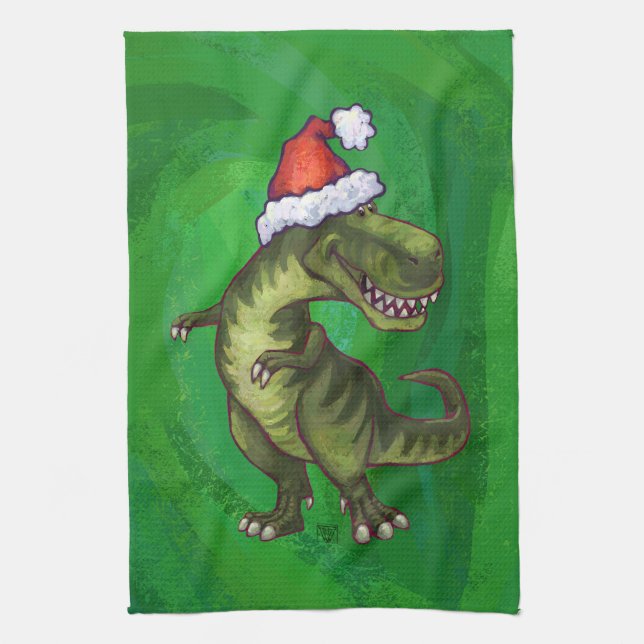 TRex in Santa Hat on Green Kitchen Towel (Vertical)