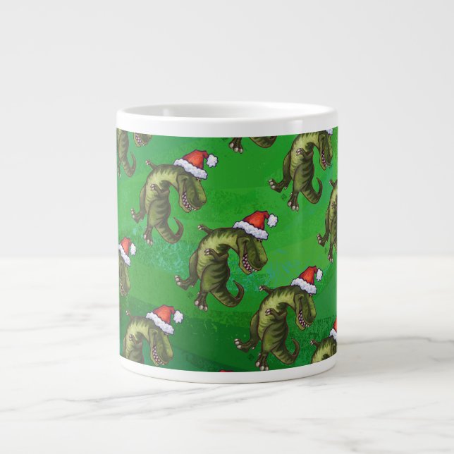 TRex in Santa Hat on Green Large Coffee Mug (Front)