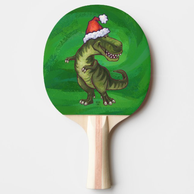 TRex in Santa Hat on Green Ping Pong Paddle (Front)