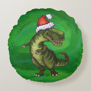 TRex in Santa Hat on Green Round Pillow