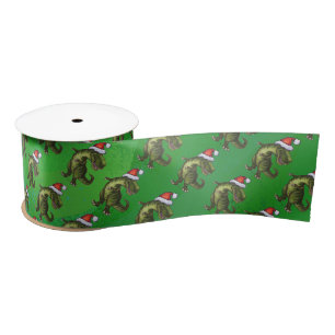 TRex in Santa Hat on Green Satin Ribbon