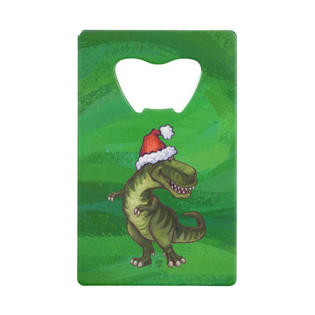 TRex in Santa Hat on Green Wallet Bottle Opener (Front)