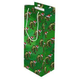 TRex in Santa Hat on Green Wine Gift Bag