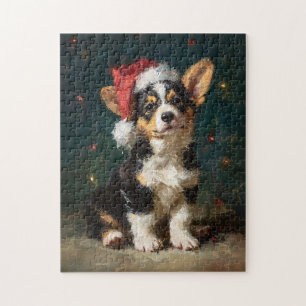 Tri-Color Corgi Puppy Christmas Painting Jigsaw Puzzle