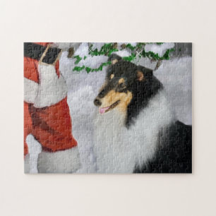 Tri Color Rough Collie With Santa Christmas  Jigsaw Puzzle