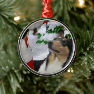 Tri Color Smooth Collie With Santa Christmas  Metal Ornament