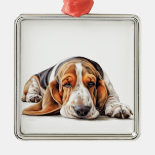 TRI COLOR WATERCOLOR BASSET HOUND DOG METAL ORNAMENT