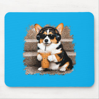 Tri Colored Corgi Drinking Iced Coffee Funny Corgi Mouse Pad
