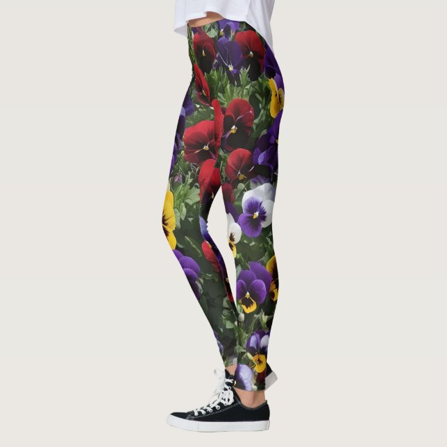 Tri Colored Pansies: A Symphony of Colors in Bloom Leggings (Left)