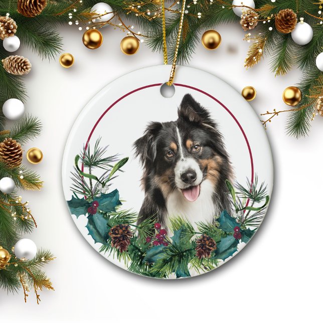 Tri Colour Australian Shepherd Dog Evergreen Wreat Ceramic Ornament (Creator Uploaded)