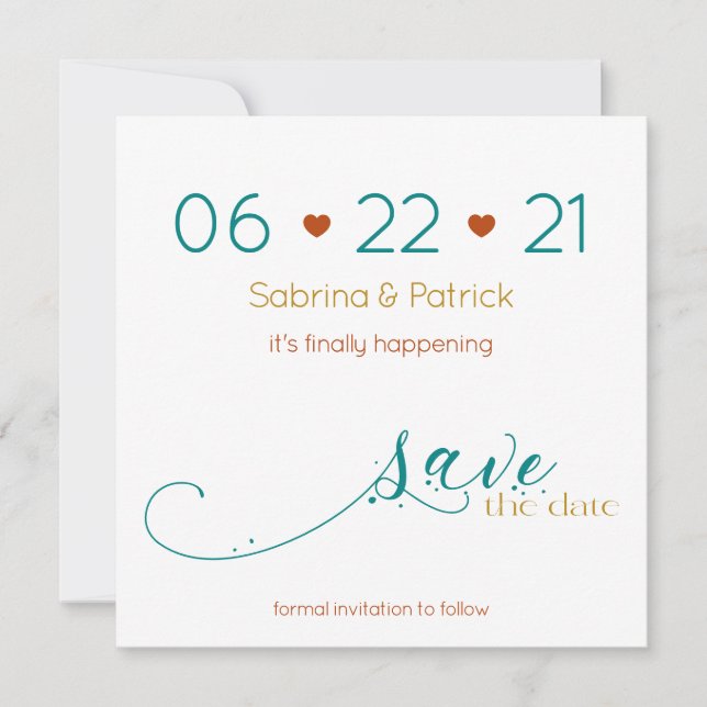 Tri-Colour BOHO Minimal Rust Teal Gold SavetheDate Invitation (Front)
