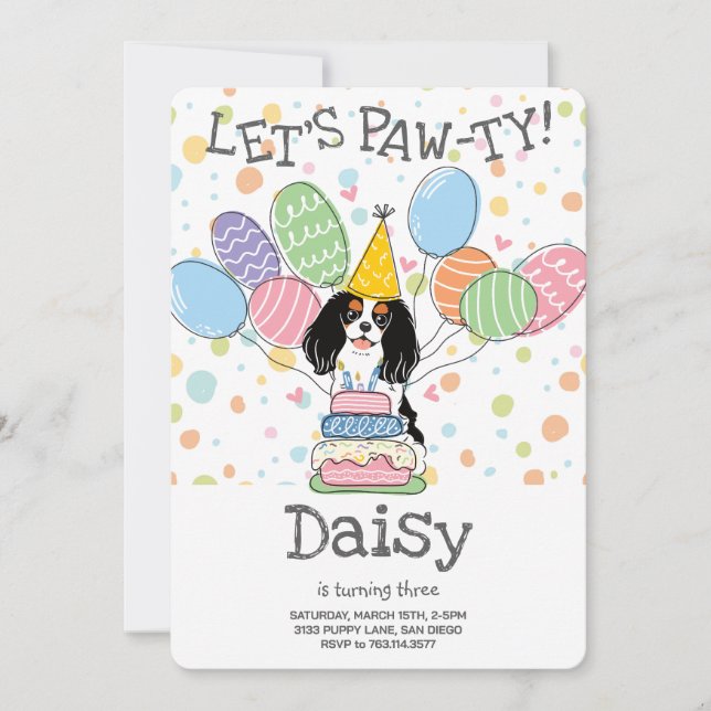 Tri Colour Cavalier King Charles Spaniel Birthday Invitation (Front)