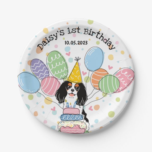 Tri Colour Cavalier King Charles Spaniel Birthday Paper Plate (Front)