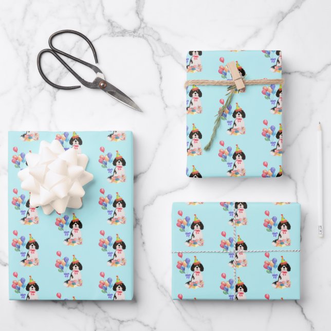 Tri Colour Cavalier King Charles Spaniel Birthday  Wrapping Paper Sheet (Front)