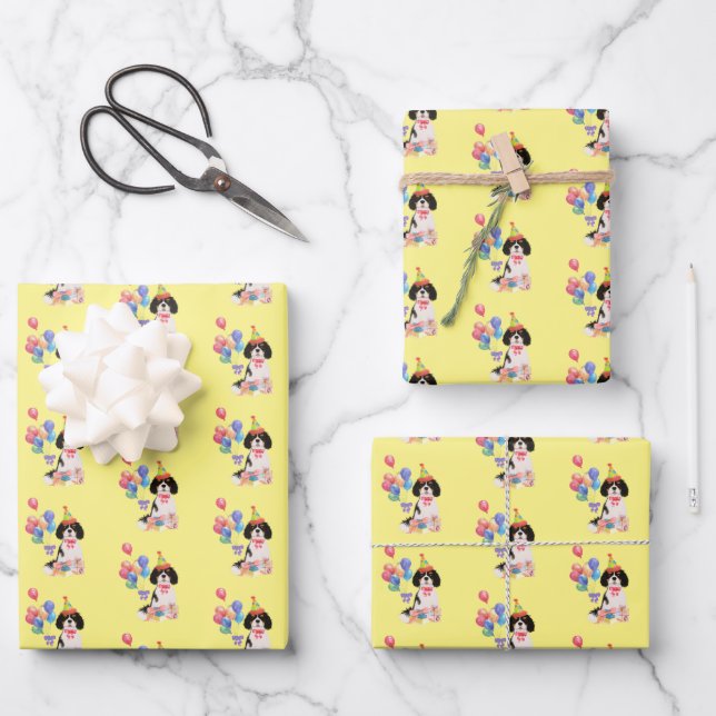 Tri Colour Cavalier King Charles Spaniel Birthday  Wrapping Paper Sheet (Front)