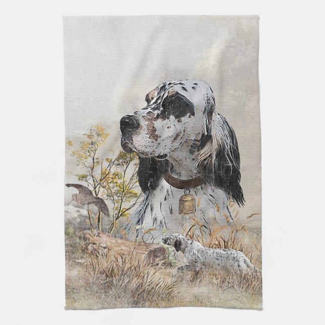 Tri Colour English Setter Art, woodcock Hunting Kitchen Towel (Vertical)