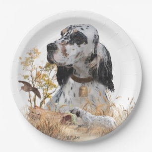 Tri Colour English Setter Art, woodcock Hunting Paper Plate