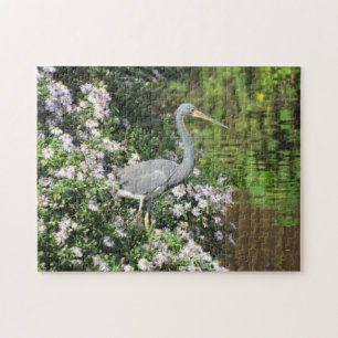 Tri-Colour Heron, Wild Flowers, and reflections Jigsaw Puzzle