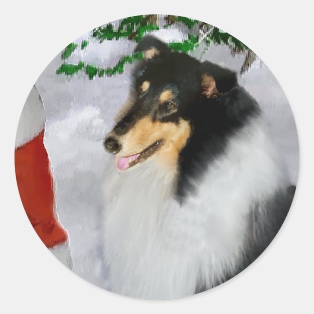Tri-Colour Rough Collie Christmas Gifts Classic Round Sticker (Front)