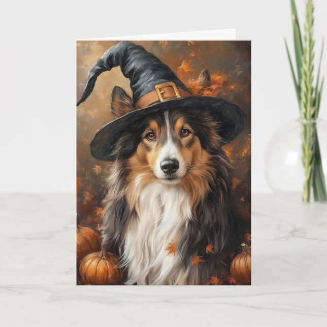Tri-Colour Sheltie Witch Halloween Holiday Card (Front)