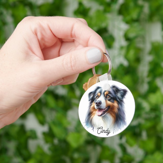 Tri-Coloured Australian Shepherd Dog Keychain (Hand)