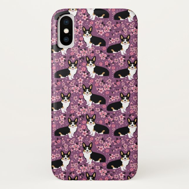 Tri Coloured Corgi Cherry Blossoms - purple Case-Mate iPhone Case (Back)