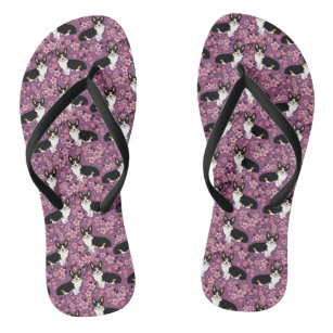 Tri Coloured Corgi Cherry Blossoms - purple Flip Flops