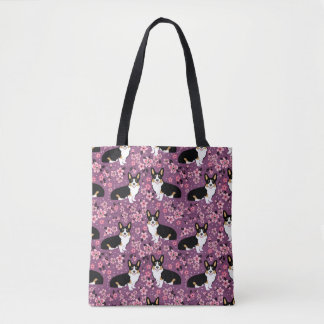 Tri Coloured Corgi Cherry Blossoms - purple Tote Bag