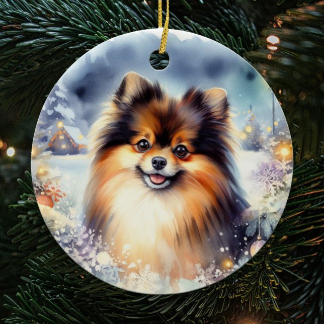 Tri Coloured Pomeranian Dog Watercolor Christmas Ceramic Ornament (Creator Uploaded)