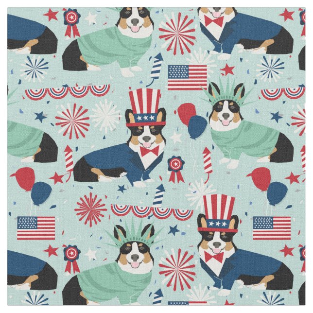 tri corgi dog usa patriotic fabric (Close Up)
