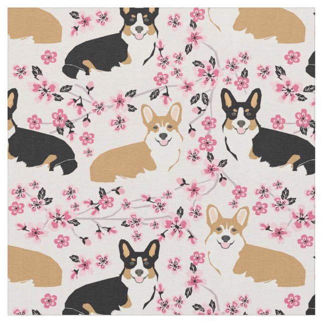 tri corgi dogs cherry blossoms pink fabric (Close Up)