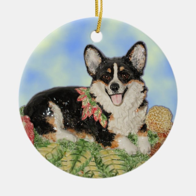Tri-Corgi in Fall Foliage - Corgi Ornament (Front)