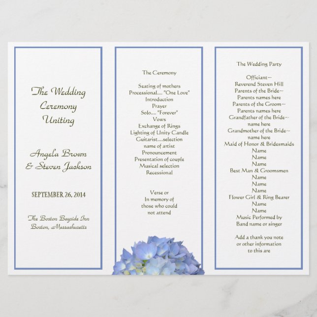 Tri-fold, Blue Hydrangea Wedding Program (Front)