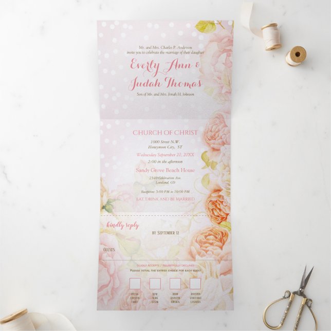 Tri-Fold Blush Rose All In One Wedding Invitation (Inside)