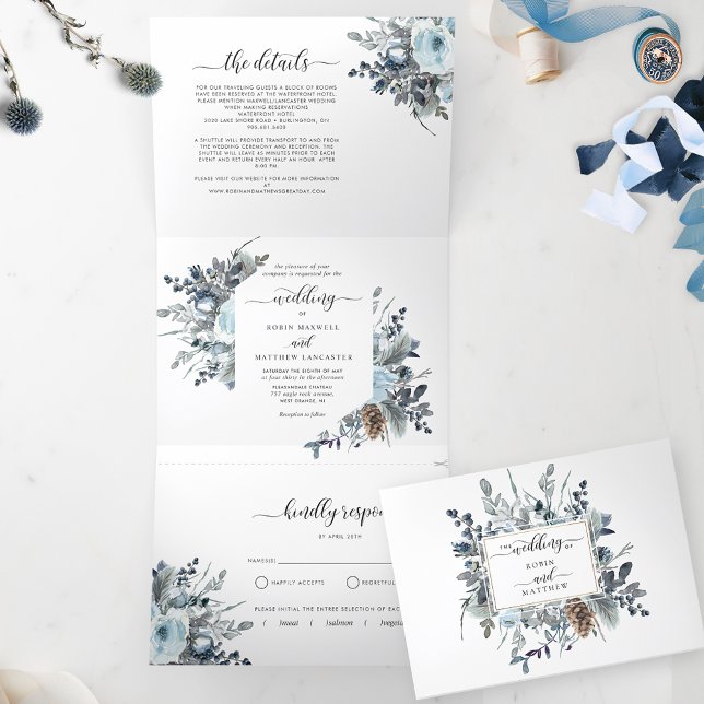 Tri-Fold Invitation with RSVP Blue Floral Wedding (Creator Uploaded)