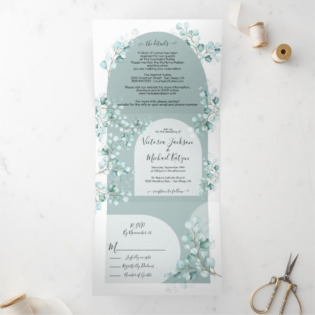Tri-Fold Mariage Eucalyptus Arch tout en un invita (Intérieur)