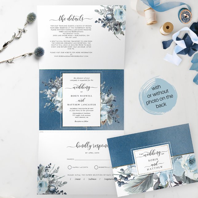 Tri-Fold Wedding Invitation with RSVP Blue Floral (Creator Uploaded)