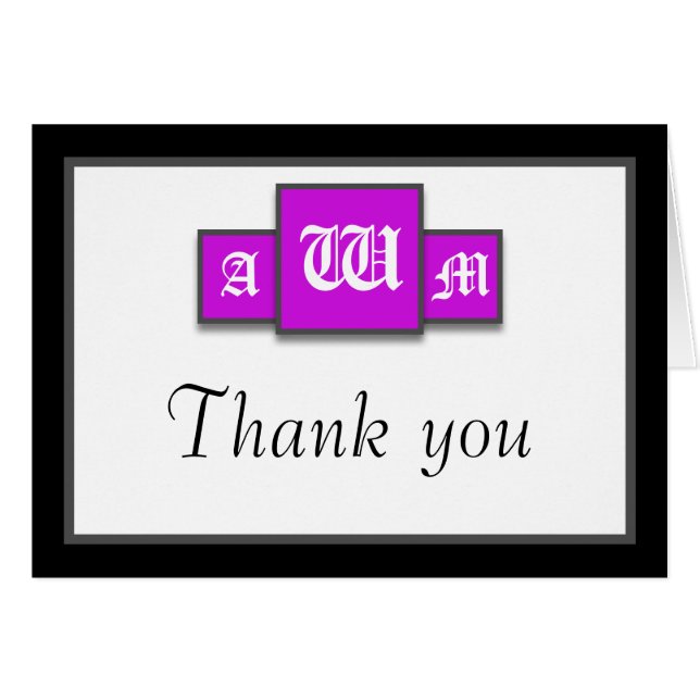 Tri-Monogram Purple Modern Thank You Notecards (Front Horizontal)