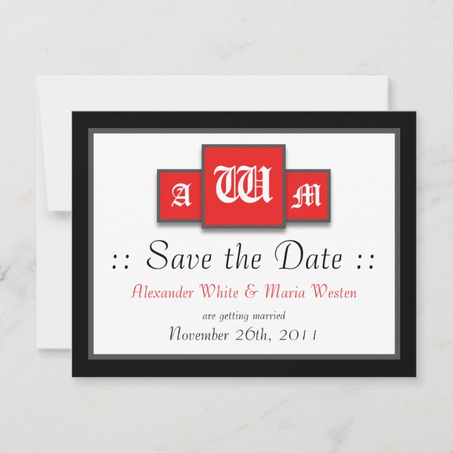 Tri-Monogram Red Modern Wedding Save the Dates Invitation (Front)