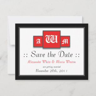 Tri-Monogram Red Modern Wedding Save the Dates Invitation
