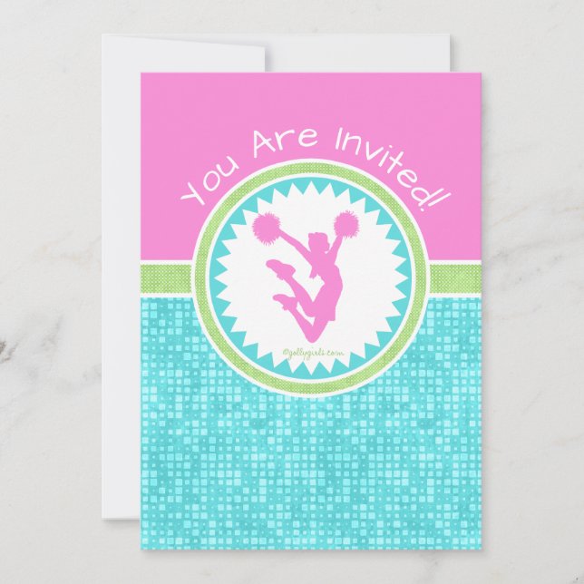 Tri-Pastel Colour Cheerleading With Aqua Tile Invitation (Front)