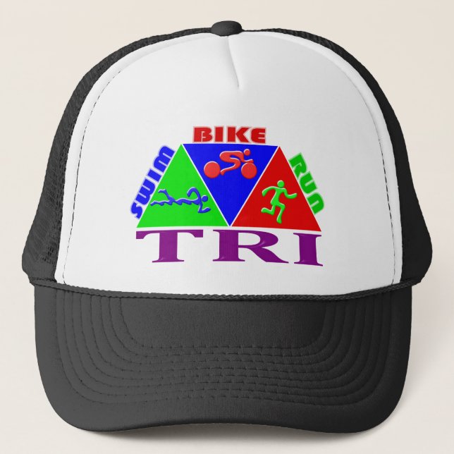 TRI Triathlon Swim Bike Run PYRAMID Design Trucker Hat (Front)