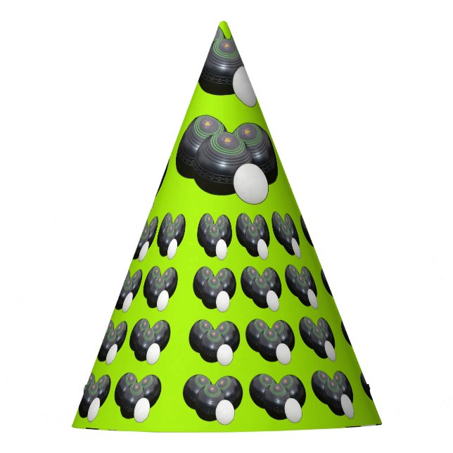 Triad of Precision: Lawn Bowls Trio Jack on Lime Party Hat (Front)