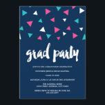 Triangle Confetti Graduation Party Invitation<br><div class="desc">Triangle confetti at the top in white, aqua, and pink. Reads "grad party" in a modern, handwritten font in white. Easy to customize the text underneath! The background colour can also be customized to any colour you'd like. Perfect for a fun, modern, graduation party! Features the same triangle confetti design...</div>
