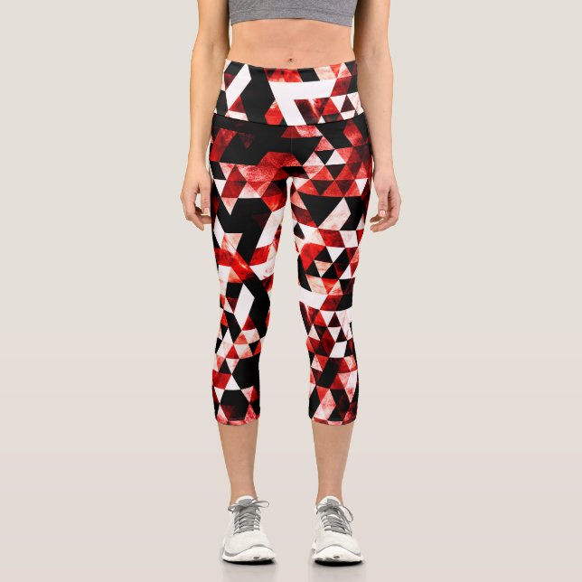 Triangle Geometry Vibrant Red Smoky Galaxy pattern Capri Leggings (Front)
