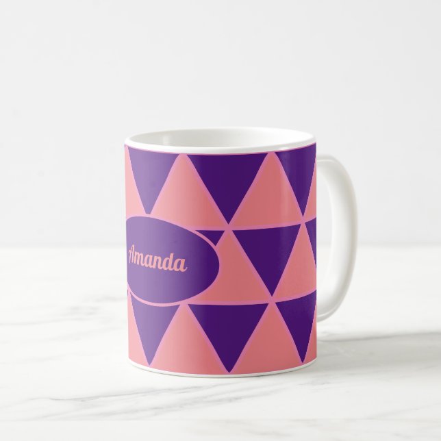 Triangle graphic purple pink pattern with name coffee mug (Front Right)