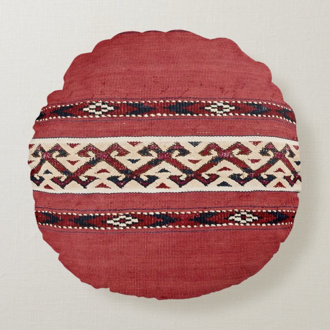 Triangle Stripe Kilim Red Black White  Round Pillow (Front)